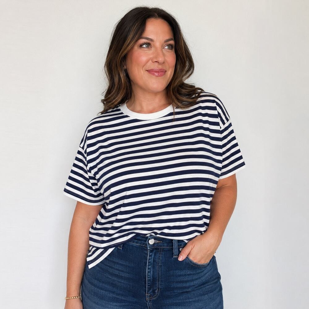J.Crew Navy White Striped Cotton Crewneck Tee Sz S